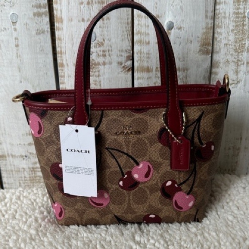 Coach Cherry Pattern Shoulder Bag in Brown and Pink - Picture 2 of 6